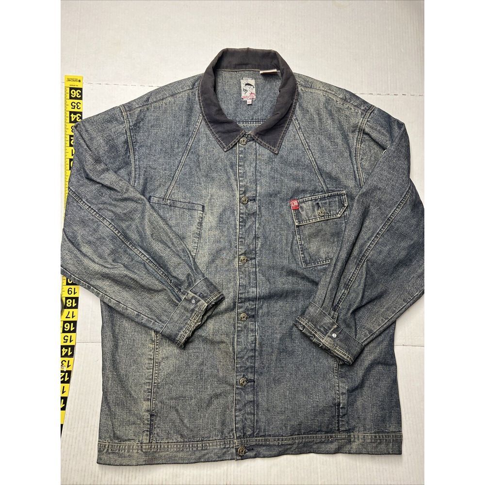 Mecca‎ Denim Jacket Men's 2XL Distressed Hip Hop Embroidered Button Up Blue Y2K